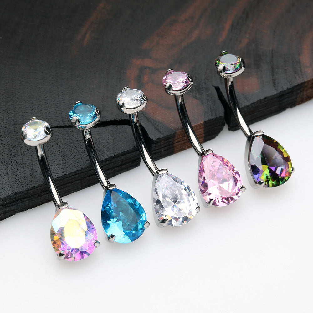 Detail View 4 of Implant Grade Titanium Internally Threaded Teardrop Prong Set Belly Button Ring-Vitrail Medium
