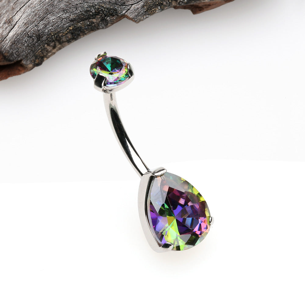 Detail View 2 of Implant Grade Titanium Internally Threaded Teardrop Prong Set Belly Button Ring-Vitrail Medium