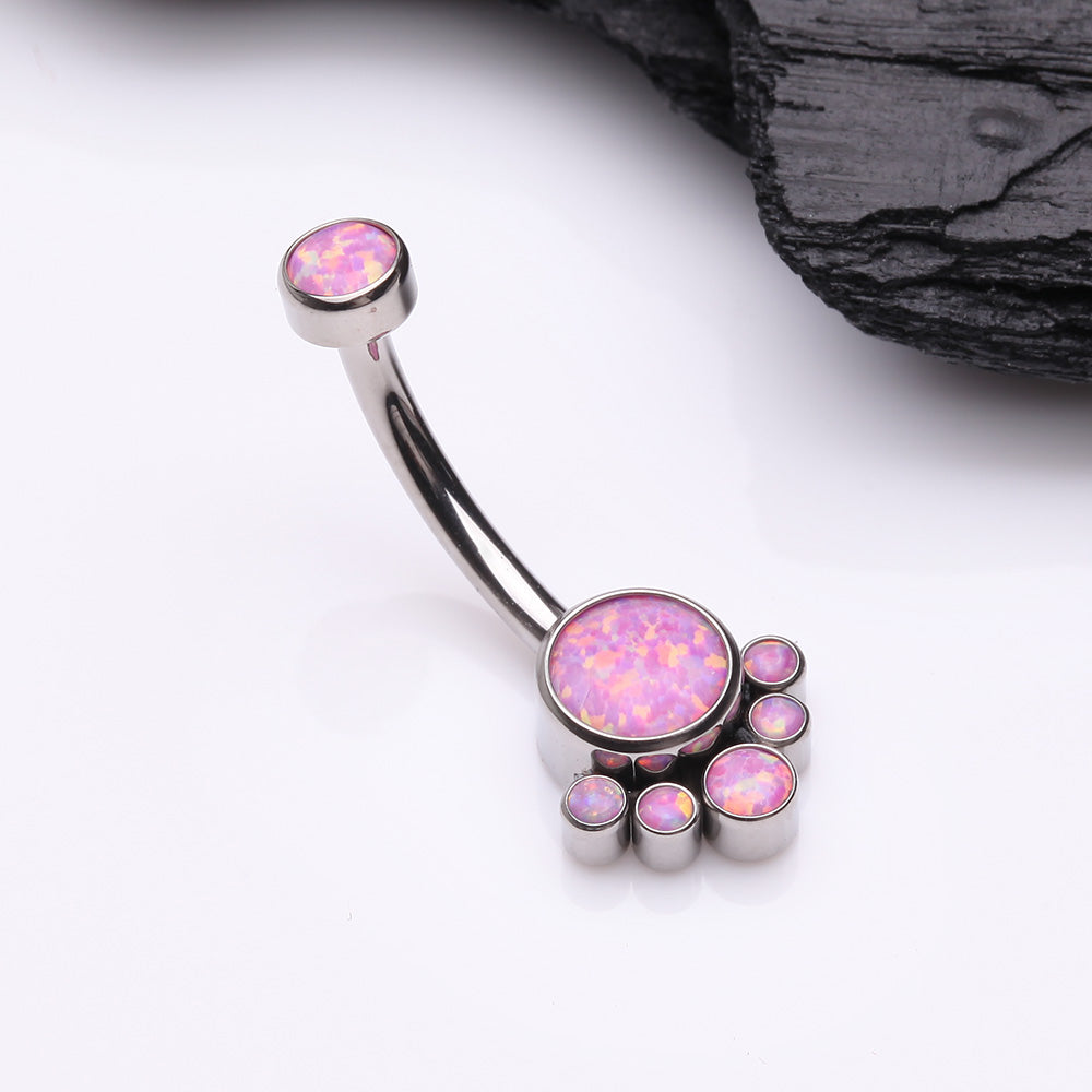 Detail View 2 of Implant Grade Titanium Royal Bali Fire Opal Internally Threaded Belly Button Ring-Pink Opal