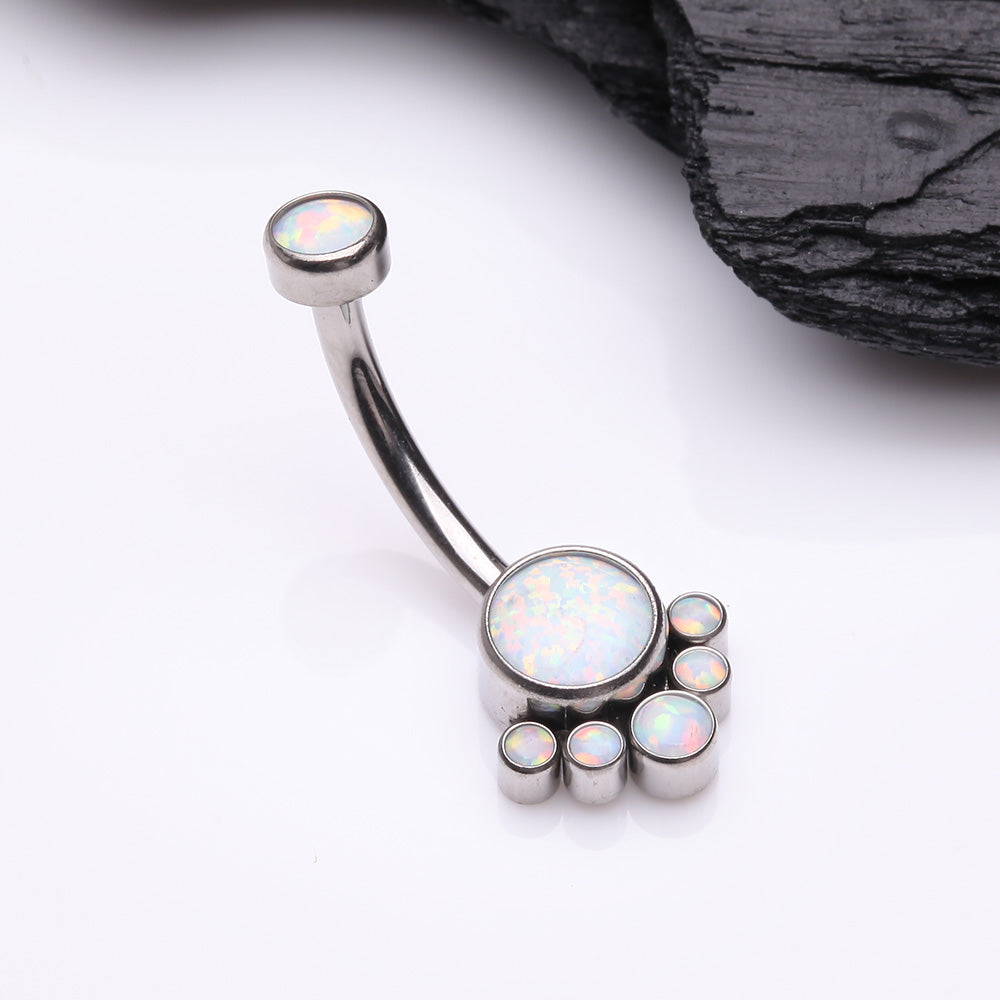 Detail View 2 of Implant Grade Titanium Royal Bali Fire Opal Internally Threaded Belly Button Ring-White Opal