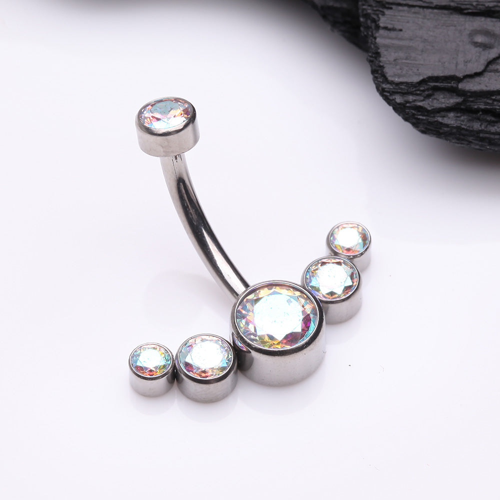 Detail View 2 of Implant Grade Titanium Journey Curve Sparkle Internally Threaded Belly Button Ring-Aurora Borealis