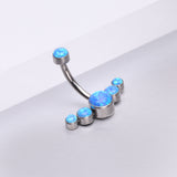 Detail View 1 of Implant Grade Titanium Internally Threaded Journey Curve Fire Opal Sparkle Belly Button Ring-Blue Opal