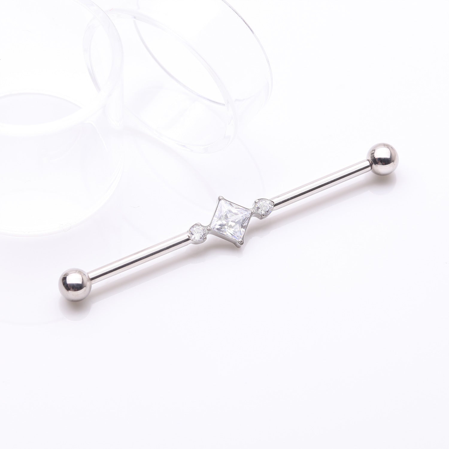Detail View 1 of Implant Grade Titanium Diamante Sparkle Internally Threaded Industrial Barbell-Clear Gem