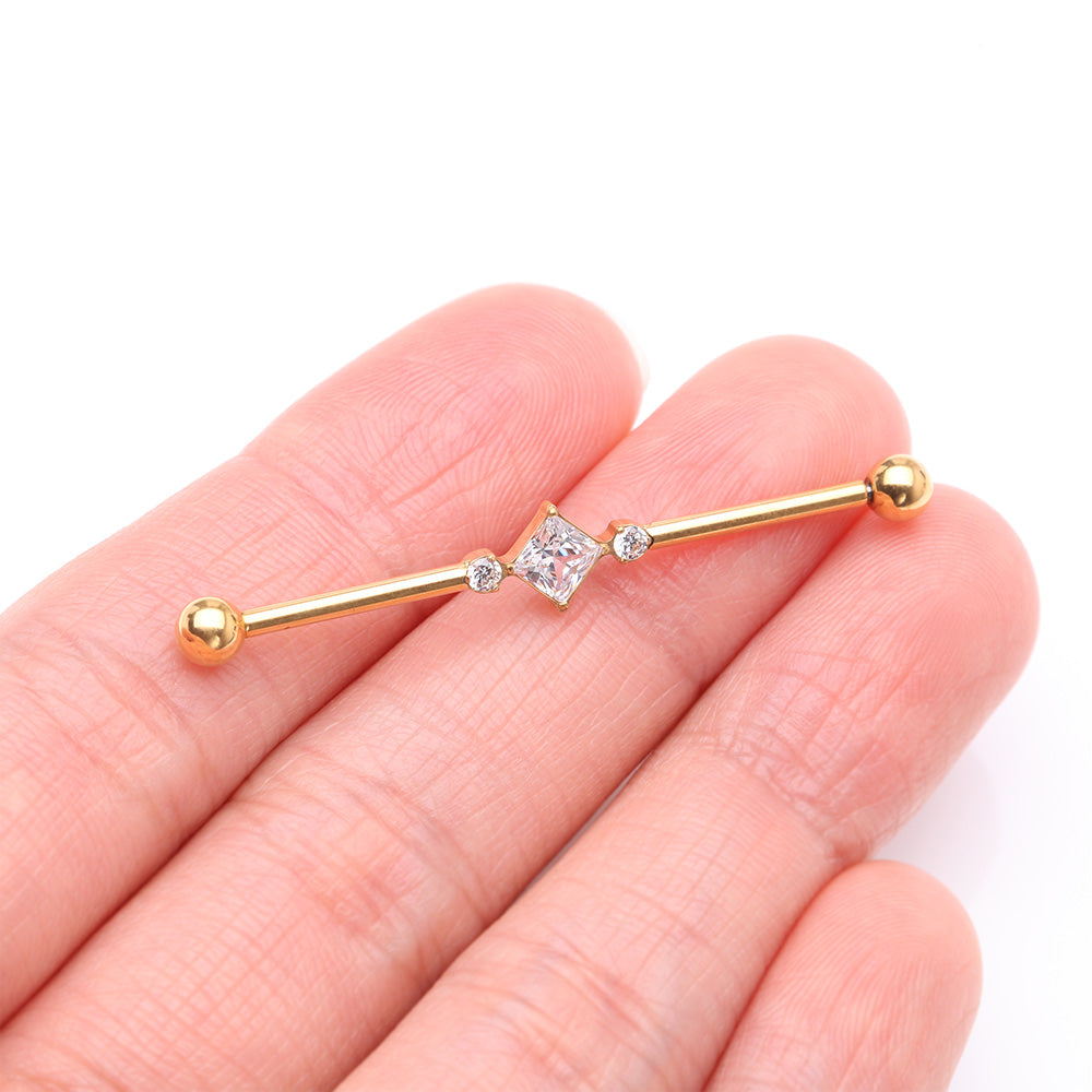 Detail View 2 of Implant Grade Titanium Golden Diamante Sparkle Internally Threaded Industrial Barbell-Clear Gem