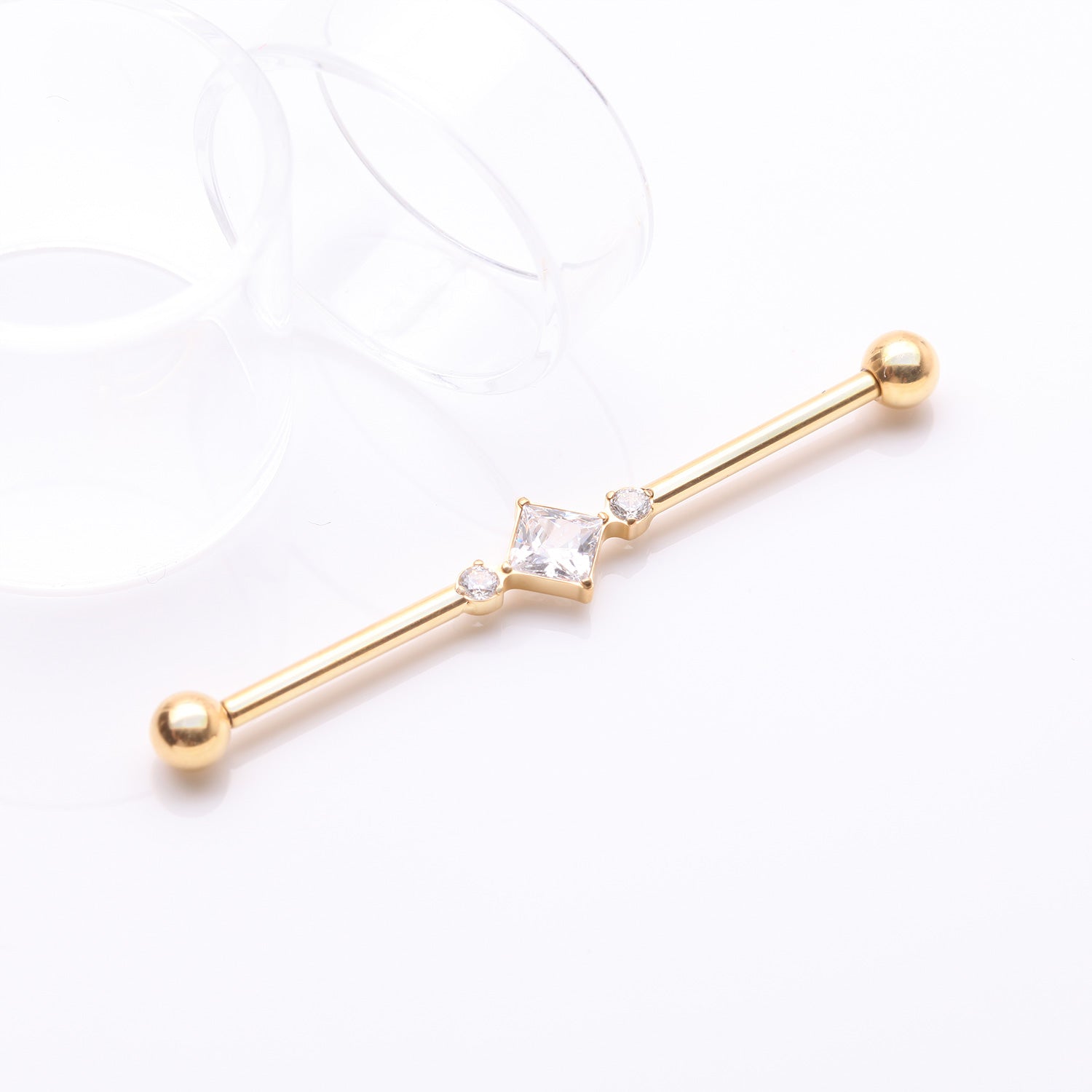 Detail View 1 of Implant Grade Titanium Golden Diamante Sparkle Internally Threaded Industrial Barbell-Clear Gem