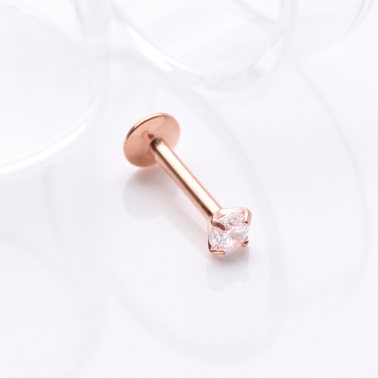 Detail View 1 of Implant Grade Titanium Rose Gold Internally Threaded Gem Sparkle Prong Set Labret-Clear Gem