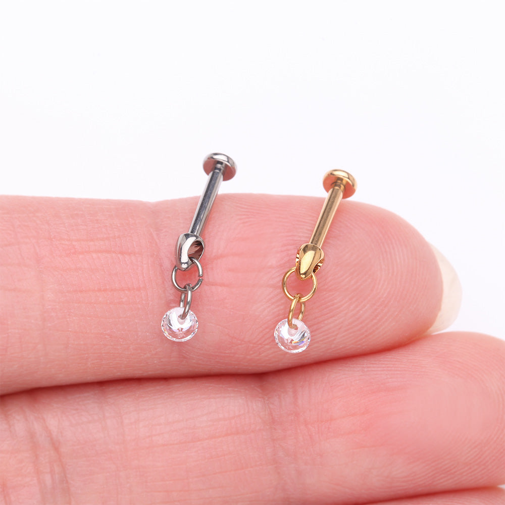 Detail View 3 of Implant Grade Titanium Golden Simple Sparkle Dangle Internally Threaded Labret-Clear Gem