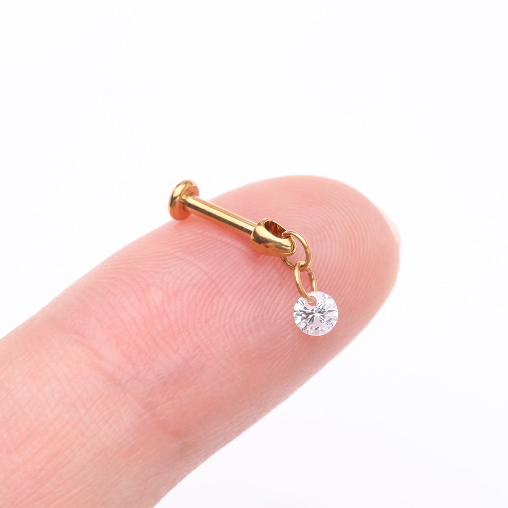 Detail View 2 of Implant Grade Titanium Golden Simple Sparkle Dangle Internally Threaded Labret-Clear Gem