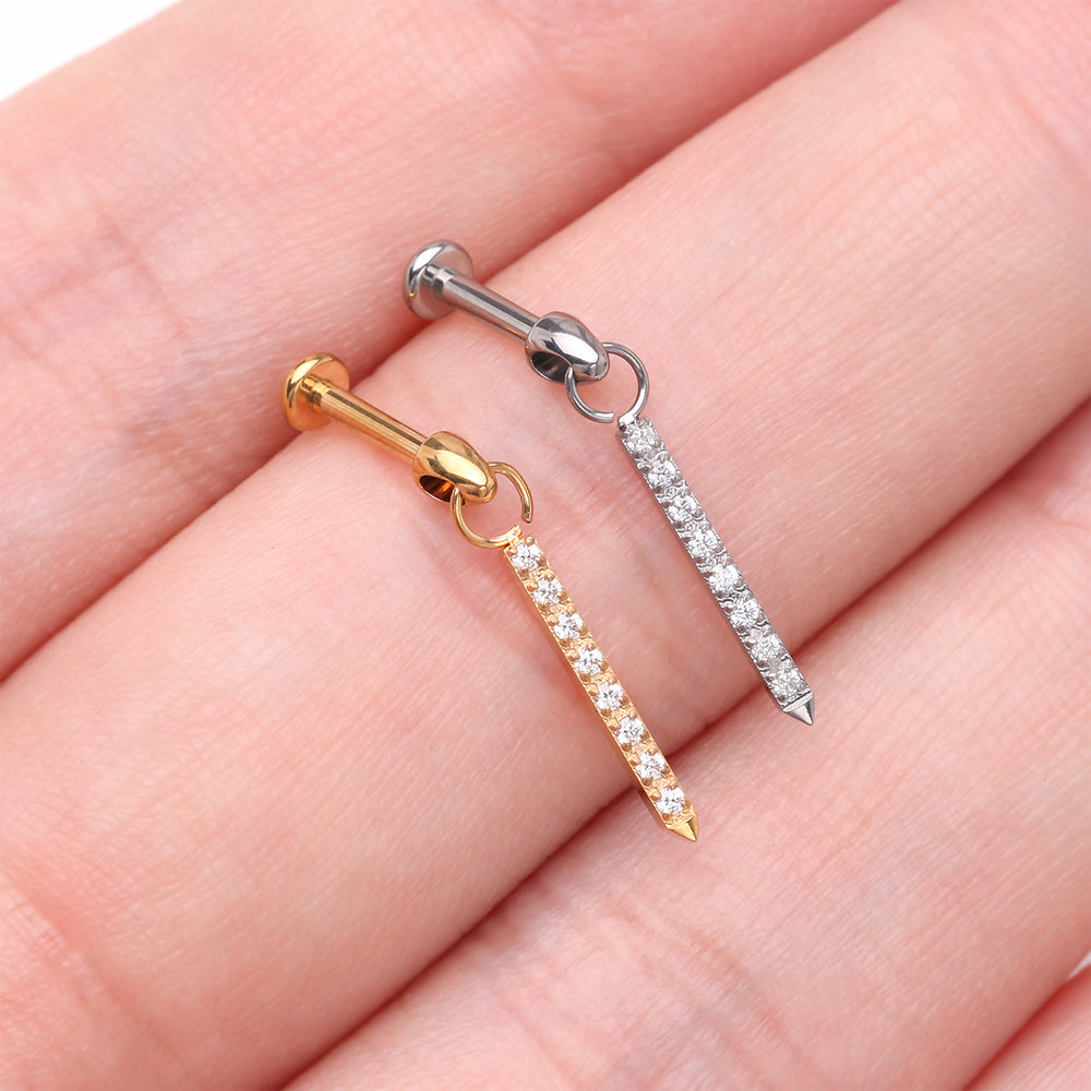 Detail View 3 of Implant Grade Titanium Sparkle Bar Dangle Internally Threaded Labret-Clear Gem