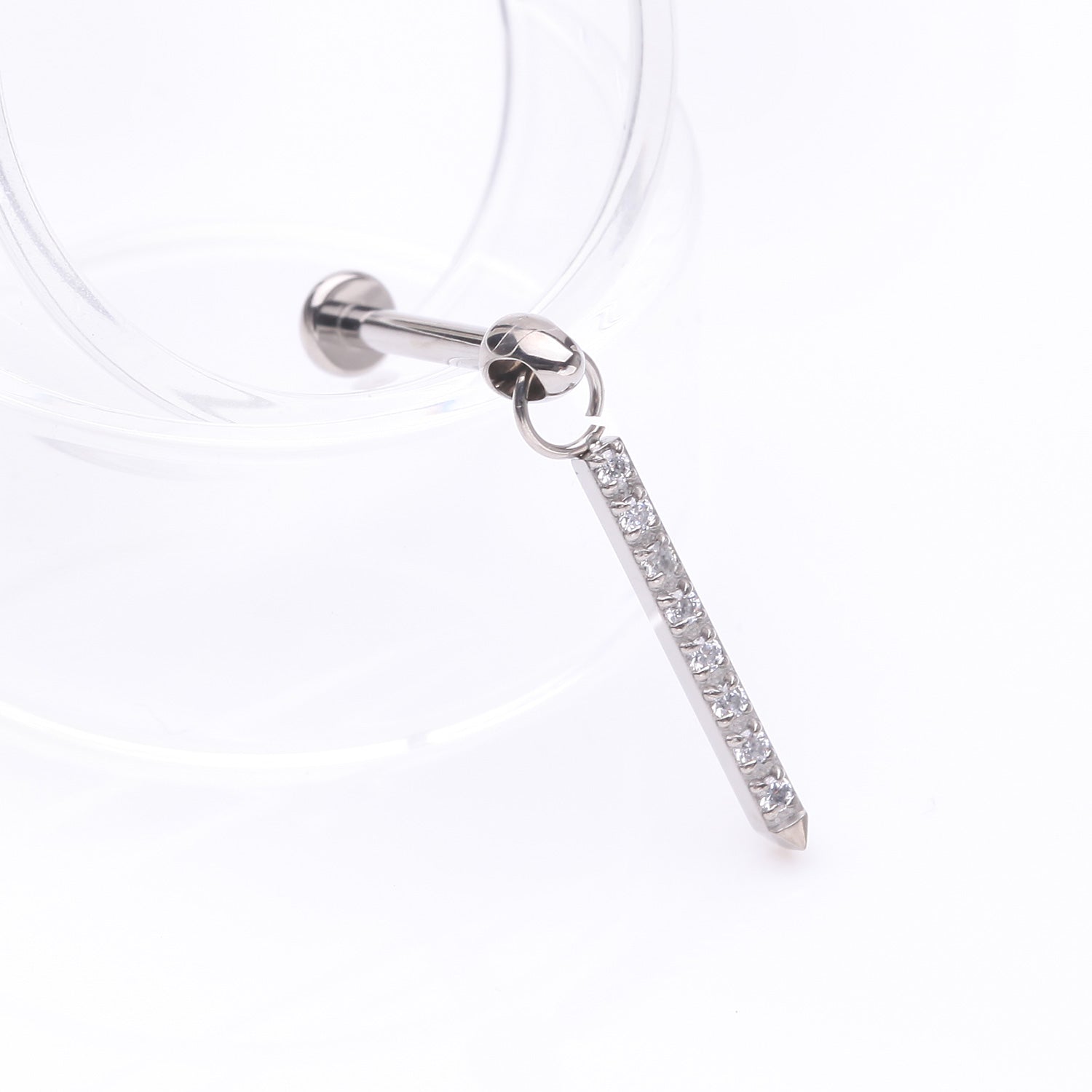 Detail View 1 of Implant Grade Titanium Sparkle Bar Dangle Internally Threaded Labret-Clear Gem