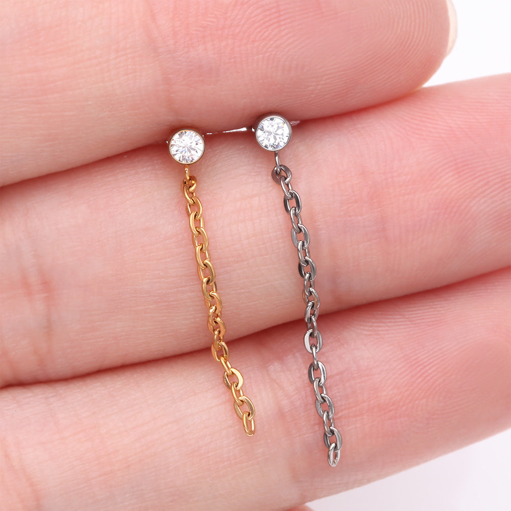 Detail View 3 of Implant Grade Titanium Sparkle Gem Long Chain Dangle Internally Threaded Labret-Clear Gem