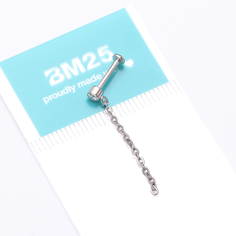Detail View 4 of Implant Grade Titanium Sparkle Gem Long Chain Dangle Internally Threaded Labret-Clear Gem