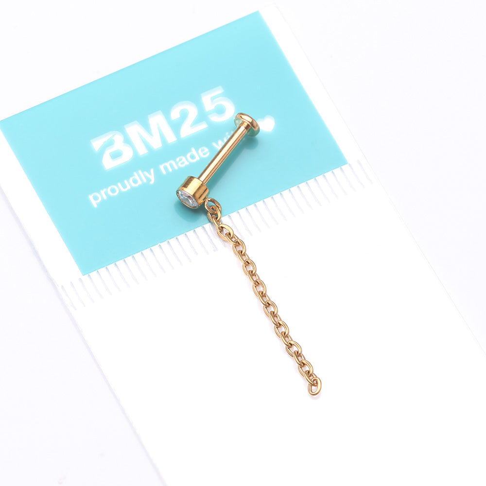 Detail View 4 of Implant Grade Titanium Golden Sparkle Gem Long Chain Dangle Internally Threaded Labret-Clear Gem