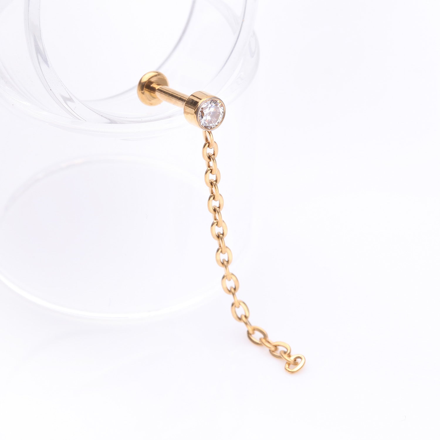 Detail View 1 of Implant Grade Titanium Golden Sparkle Gem Long Chain Dangle Internally Threaded Labret-Clear Gem