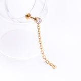 Detail View 1 of Implant Grade Titanium Golden Sparkle Gem Long Chain Dangle Internally Threaded Labret-Clear Gem