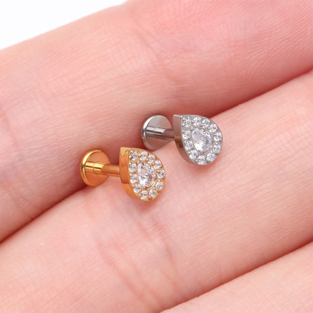 Detail View 3 of Implant Grade Titanium Golden Brilliant Teardrop Sparkle Internally Threaded Flat Back Stud Labret-Clear Gem