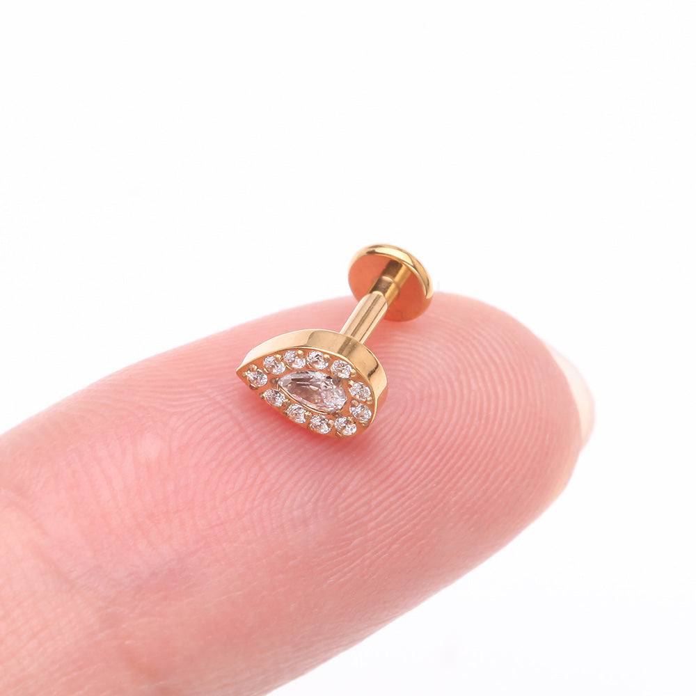 Detail View 2 of Implant Grade Titanium Golden Brilliant Teardrop Sparkle Internally Threaded Flat Back Stud Labret-Clear Gem