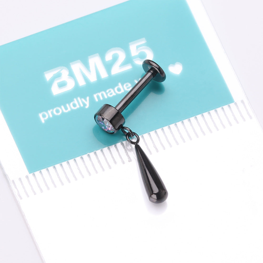 Detail View 4 of Implant Grade Titanium Blackline Gem Sparkle Teardrop Dangle Internally Threaded Flat Back Stud Labret-Vitrail Medium