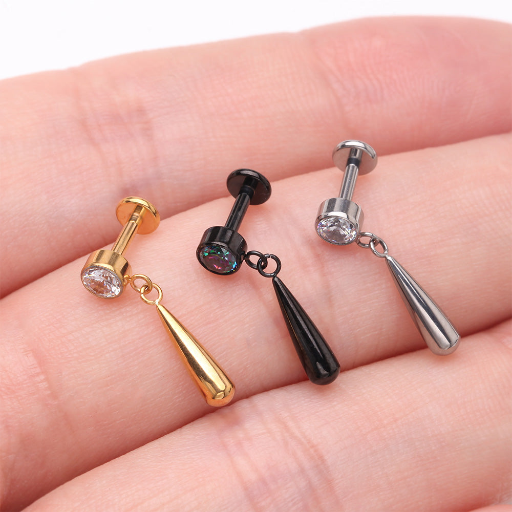 Detail View 3 of Implant Grade Titanium Blackline Gem Sparkle Teardrop Dangle Internally Threaded Flat Back Stud Labret-Vitrail Medium