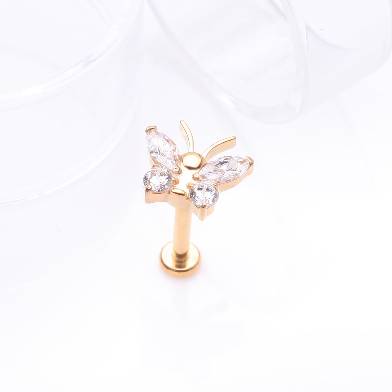 Detail View 1 of Implant Grade Titanium Golden Butterfly Sparkle Internally Threaded Flat Back Stud Labret-Clear Gem