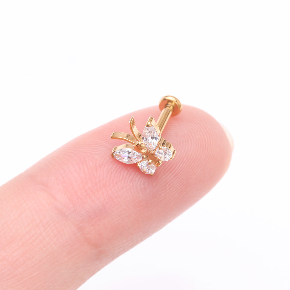 Detail View 2 of Implant Grade Titanium Golden Butterfly Sparkle Internally Threaded Flat Back Stud Labret-Clear Gem