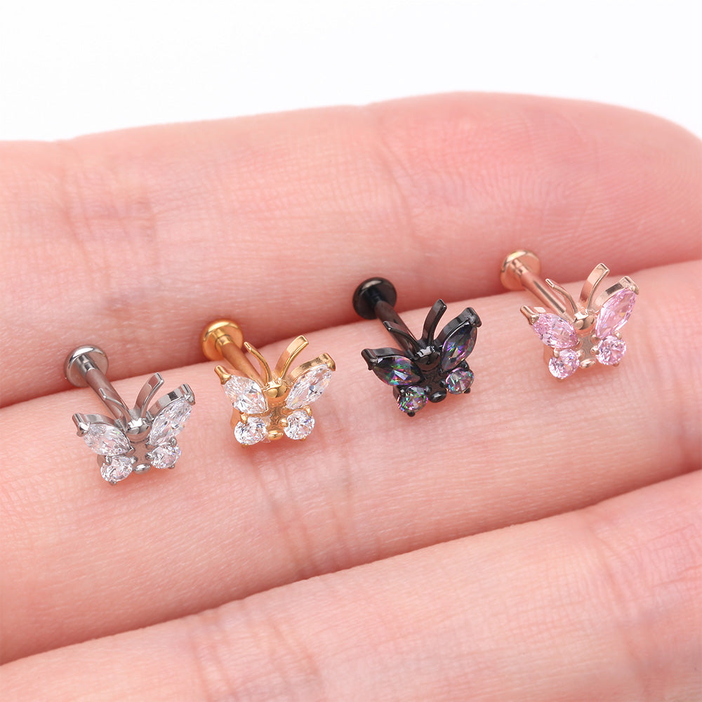 Detail View 3 of Implant Grade Titanium Golden Butterfly Sparkle Internally Threaded Flat Back Stud Labret-Clear Gem