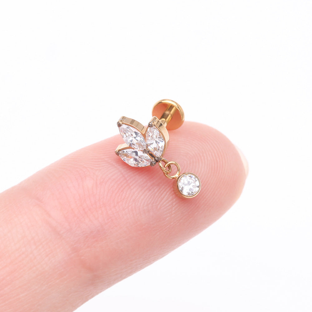 Detail View 2 of Implant Grade Titanium Golden Marquise Flower Sparkle Dangle Internally Threaded Flat Back Stud Labret-Clear Gem