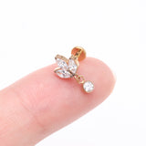 Detail View 2 of Implant Grade Titanium Golden Marquise Flower Sparkle Dangle Internally Threaded Flat Back Stud Labret-Clear Gem