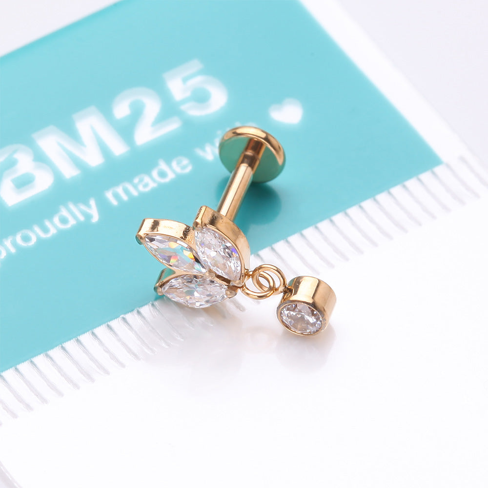 Detail View 4 of Implant Grade Titanium Golden Marquise Flower Sparkle Dangle Internally Threaded Flat Back Stud Labret-Clear Gem
