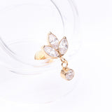 Detail View 1 of Implant Grade Titanium Golden Marquise Flower Sparkle Dangle Internally Threaded Flat Back Stud Labret-Clear Gem