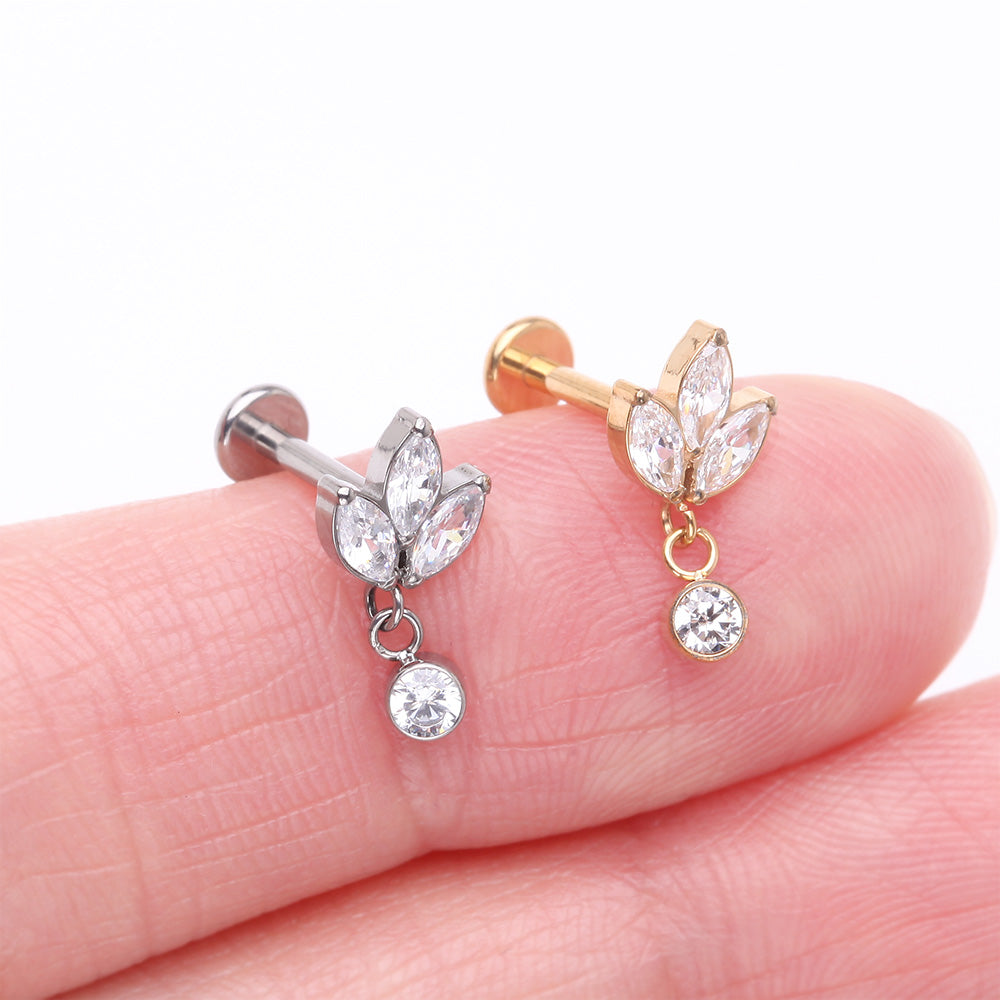 Detail View 3 of Implant Grade Titanium Golden Marquise Flower Sparkle Dangle Internally Threaded Flat Back Stud Labret-Clear Gem