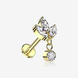 Implant Grade Titanium Golden Marquise Flower Sparkle Dangle Internally Threaded Flat Back Stud Labret-Clear Gem