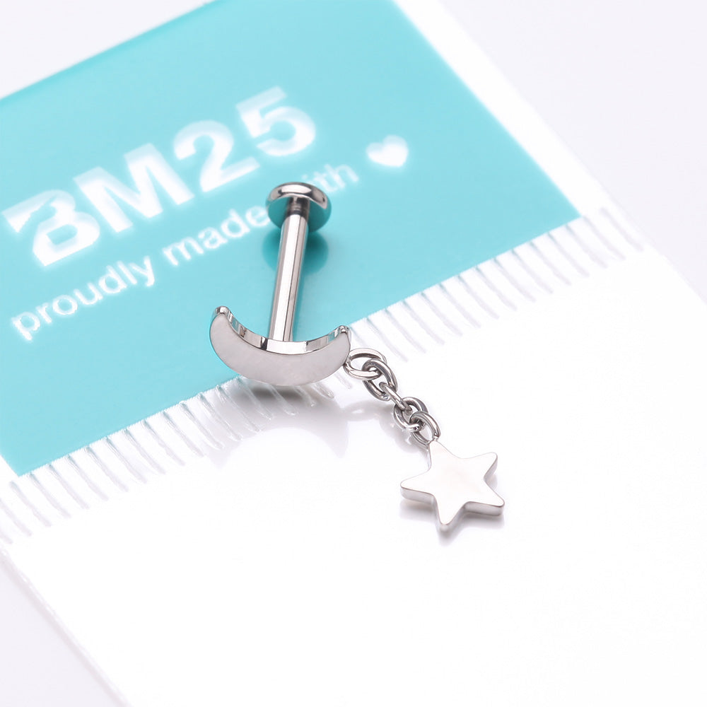 Detail View 4 of Implant Grade Titanium Crescent Moon with Star Dangle Internally Threaded Flat Back Stud Labret