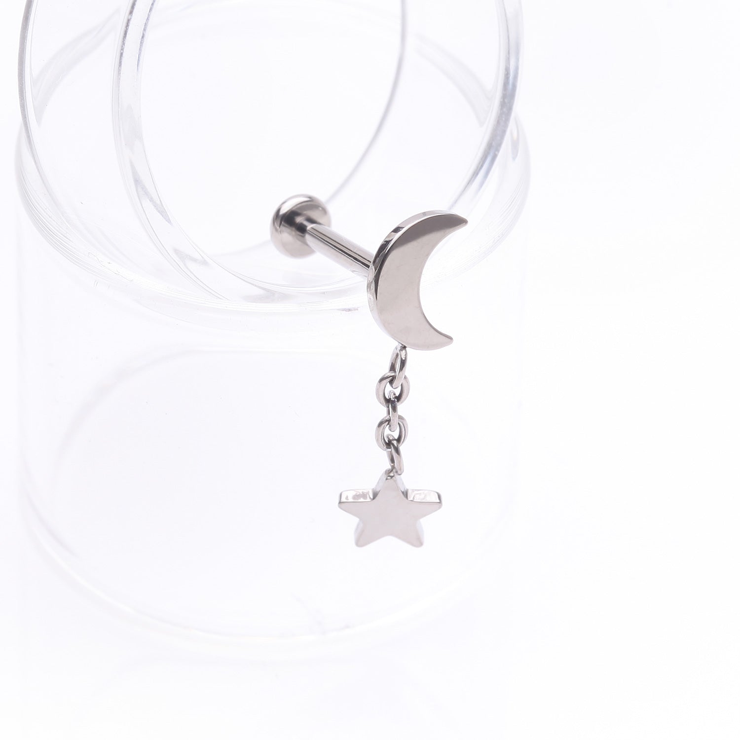 Detail View 1 of Implant Grade Titanium Crescent Moon with Star Dangle Internally Threaded Flat Back Stud Labret