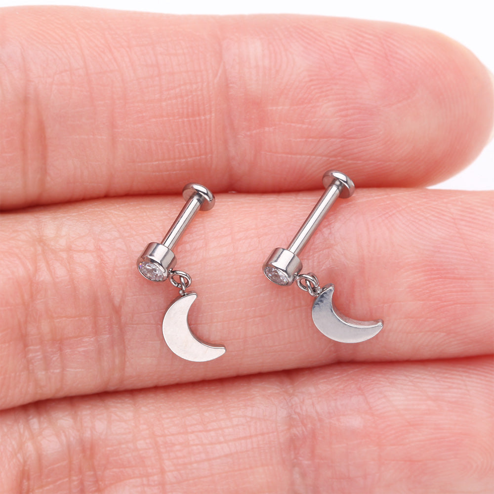 Detail View 3 of Implant Grade Titanium Bezel Gem Crescent Moon Dangle Internally Threaded Flat Back Labret-Clear Gem