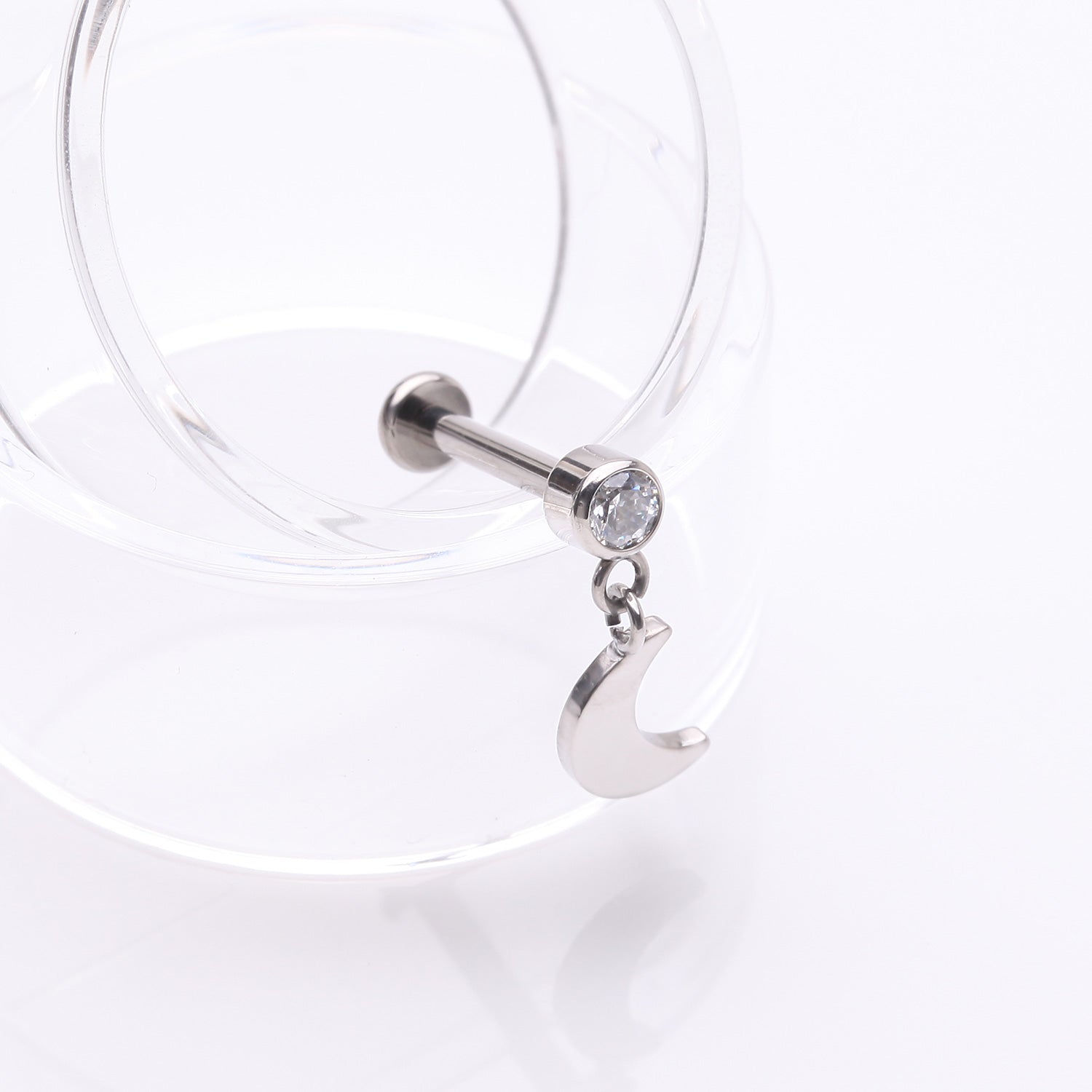 Detail View 1 of Implant Grade Titanium Bezel Gem Crescent Moon Dangle Internally Threaded Flat Back Labret-Clear Gem