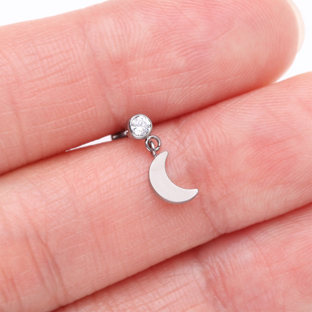 Detail View 2 of Implant Grade Titanium Bezel Gem Crescent Moon Dangle Internally Threaded Flat Back Labret-Clear Gem