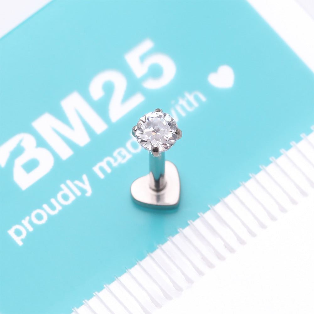 Detail View 4 of Implant Grade Titanium Prong Gem Sparkle Internally Threaded Heart Back Labret-Clear Gem