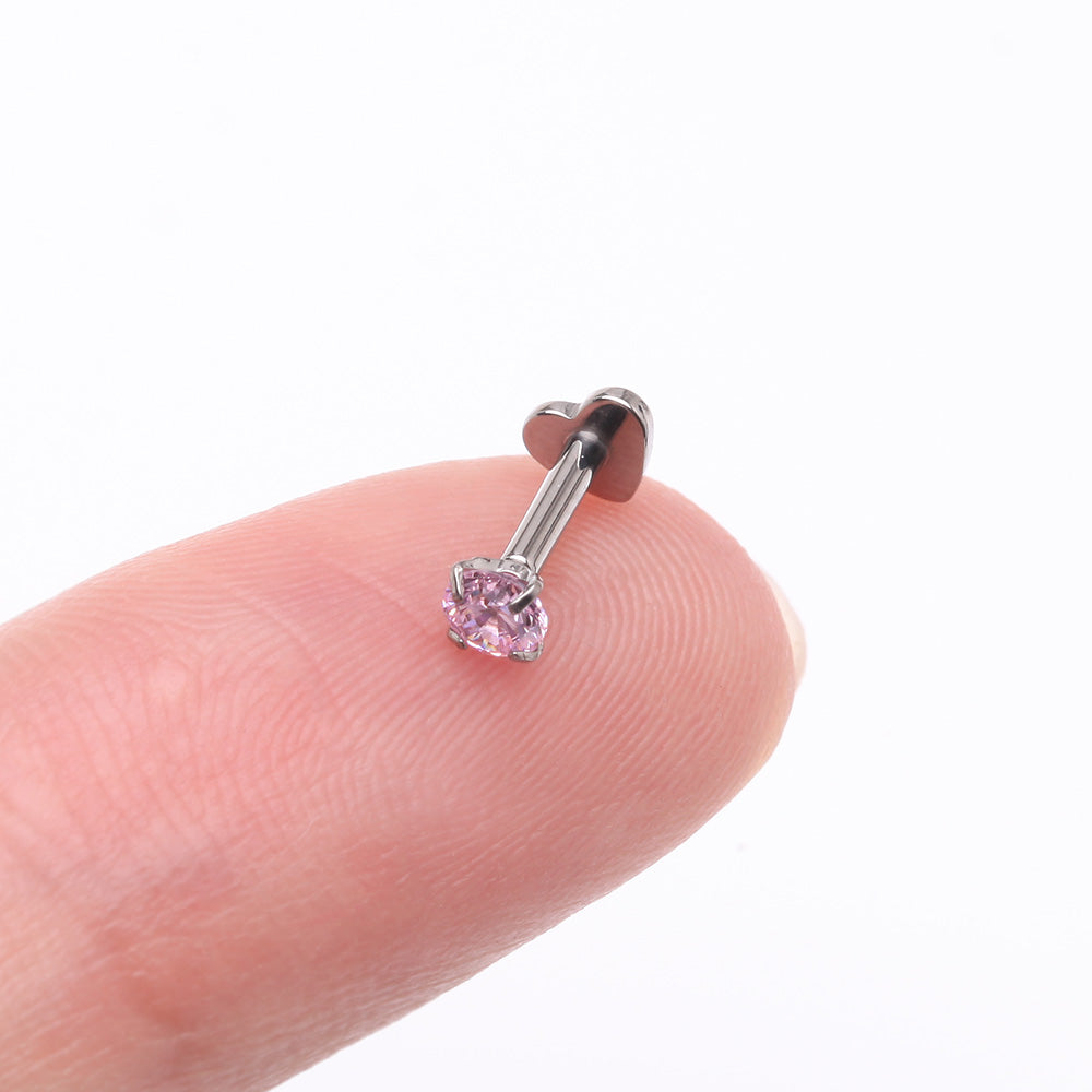Detail View 2 of Implant Grade Titanium Prong Gem Sparkle Internally Threaded Heart Back Labret-Pink