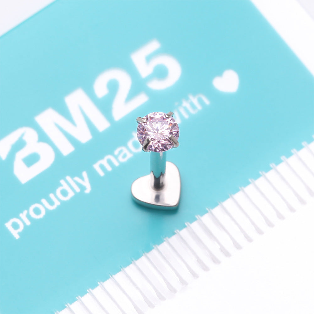 Detail View 4 of Implant Grade Titanium Prong Gem Sparkle Internally Threaded Heart Back Labret-Pink
