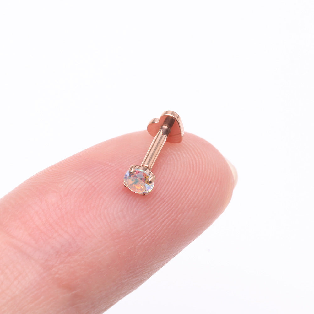 Detail View 2 of Implant Grade Titanium Rose Gold Prong Gem Sparkle Internally Threaded Heart Back Labret-Aurora Borealis