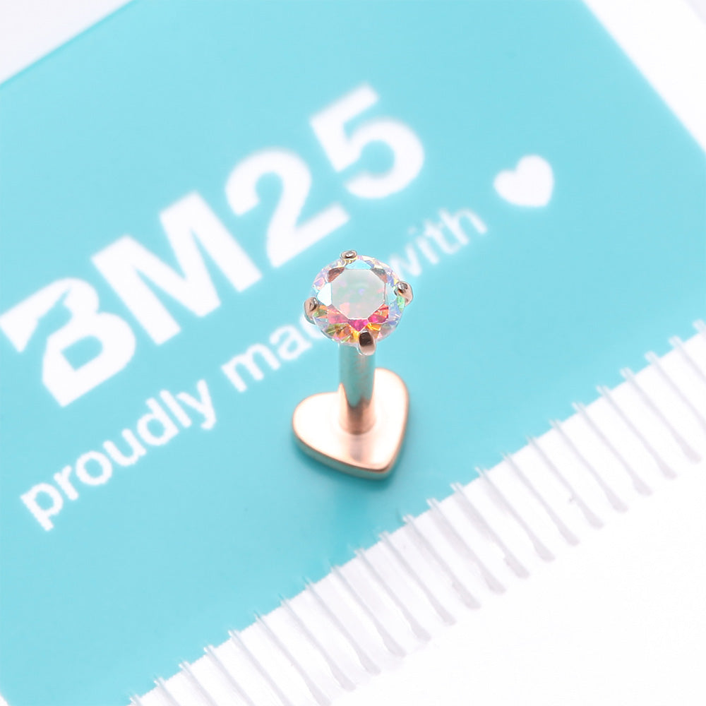 Detail View 4 of Implant Grade Titanium Rose Gold Prong Gem Sparkle Internally Threaded Heart Back Labret-Aurora Borealis