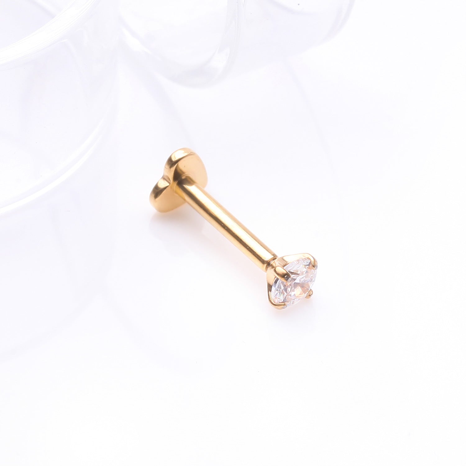 Detail View 1 of Implant Grade Titanium Golden Prong Gem Sparkle Internally Threaded Heart Back Labret-Clear Gem