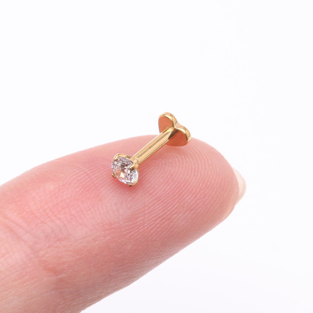 Detail View 2 of Implant Grade Titanium Golden Prong Gem Sparkle Internally Threaded Heart Back Labret-Clear Gem