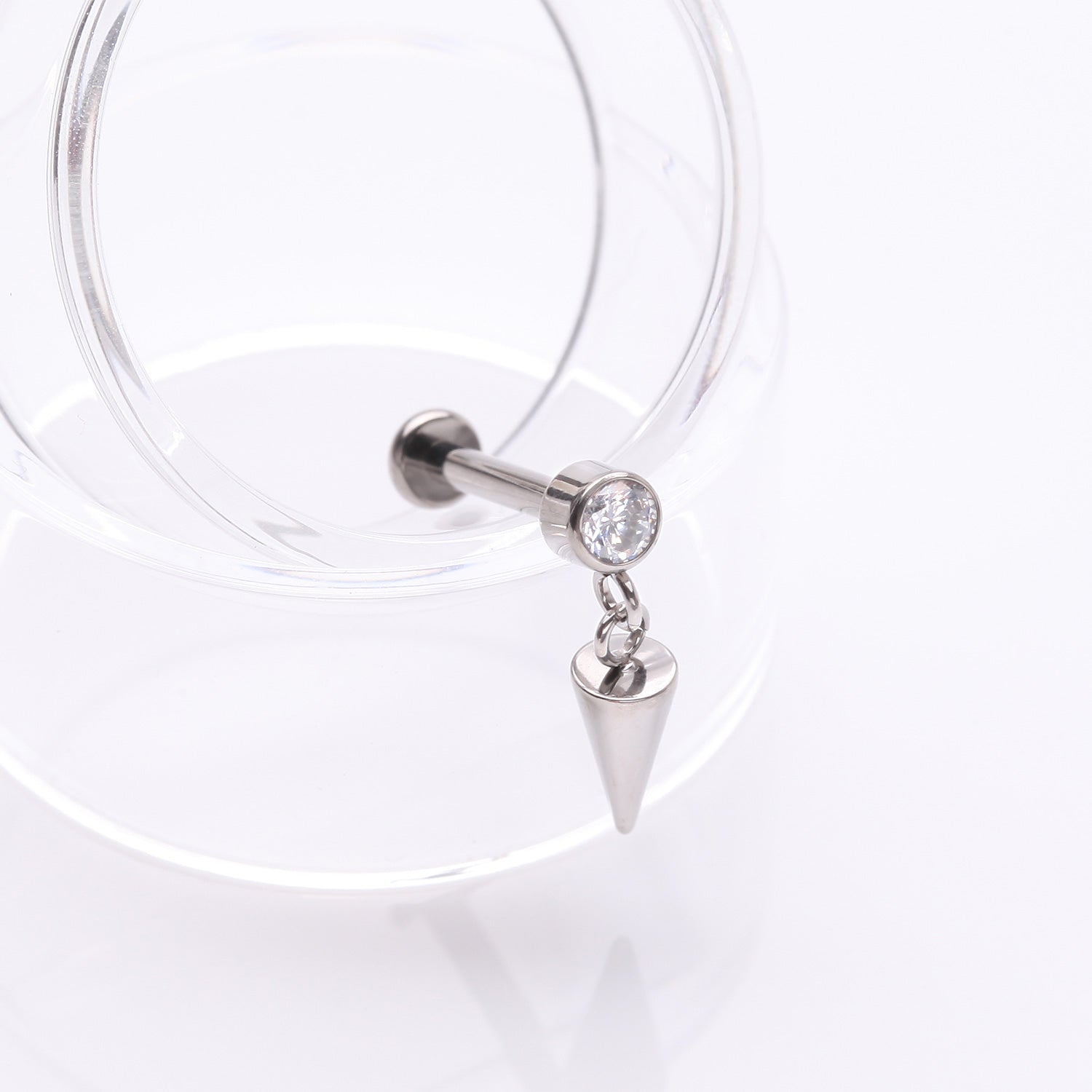 Detail View 1 of Implant Grade Titanium Bezel Gem Spike Cone Dangle Internally Threaded Flat Back Labret-Clear Gem