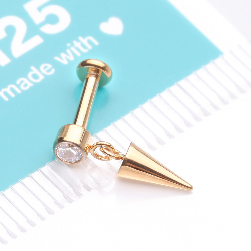 Detail View 4 of Implant Grade Titanium Golden Bezel Gem Spike Cone Dangle Internally Threaded Flat Back Labret-Clear Gem