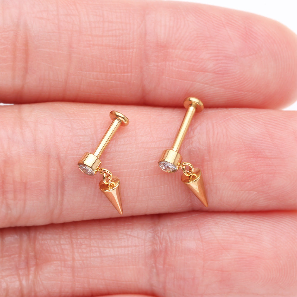 Detail View 3 of Implant Grade Titanium Golden Bezel Gem Spike Cone Dangle Internally Threaded Flat Back Labret-Clear Gem