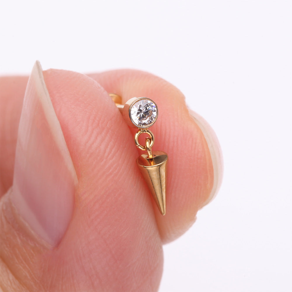 Detail View 2 of Implant Grade Titanium Golden Bezel Gem Spike Cone Dangle Internally Threaded Flat Back Labret-Clear Gem