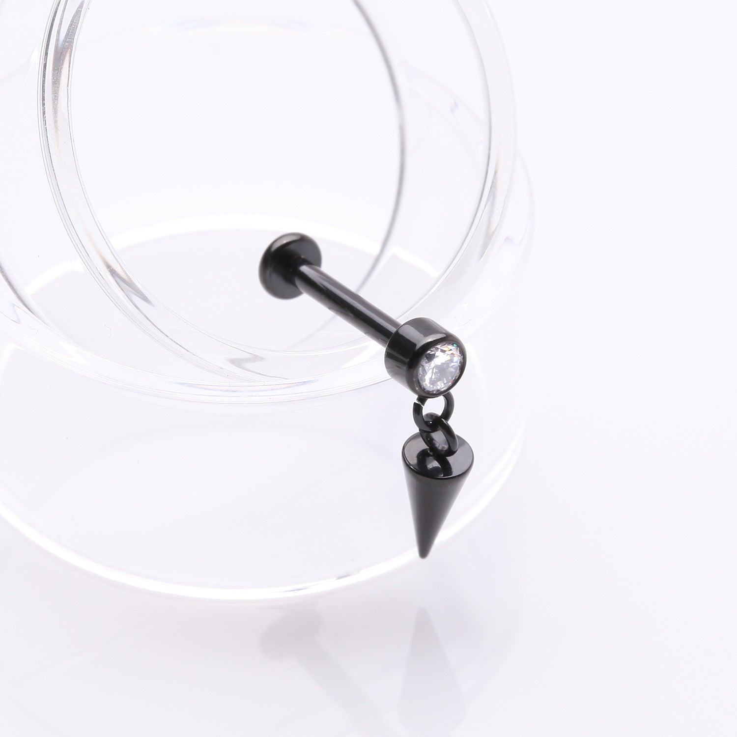 Detail View 1 of Implant Grade Titanium Blackline Bezel Gem Spike Cone Dangle Internally Threaded Flat Back Labret-Clear Gem