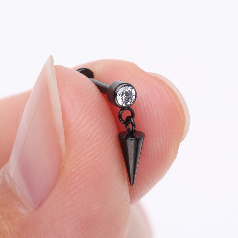 Detail View 2 of Implant Grade Titanium Blackline Bezel Gem Spike Cone Dangle Internally Threaded Flat Back Labret-Clear Gem